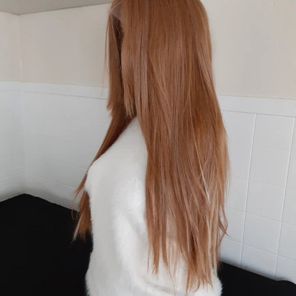 Ginger brown lace front wig with blonde highlights straight main image 4